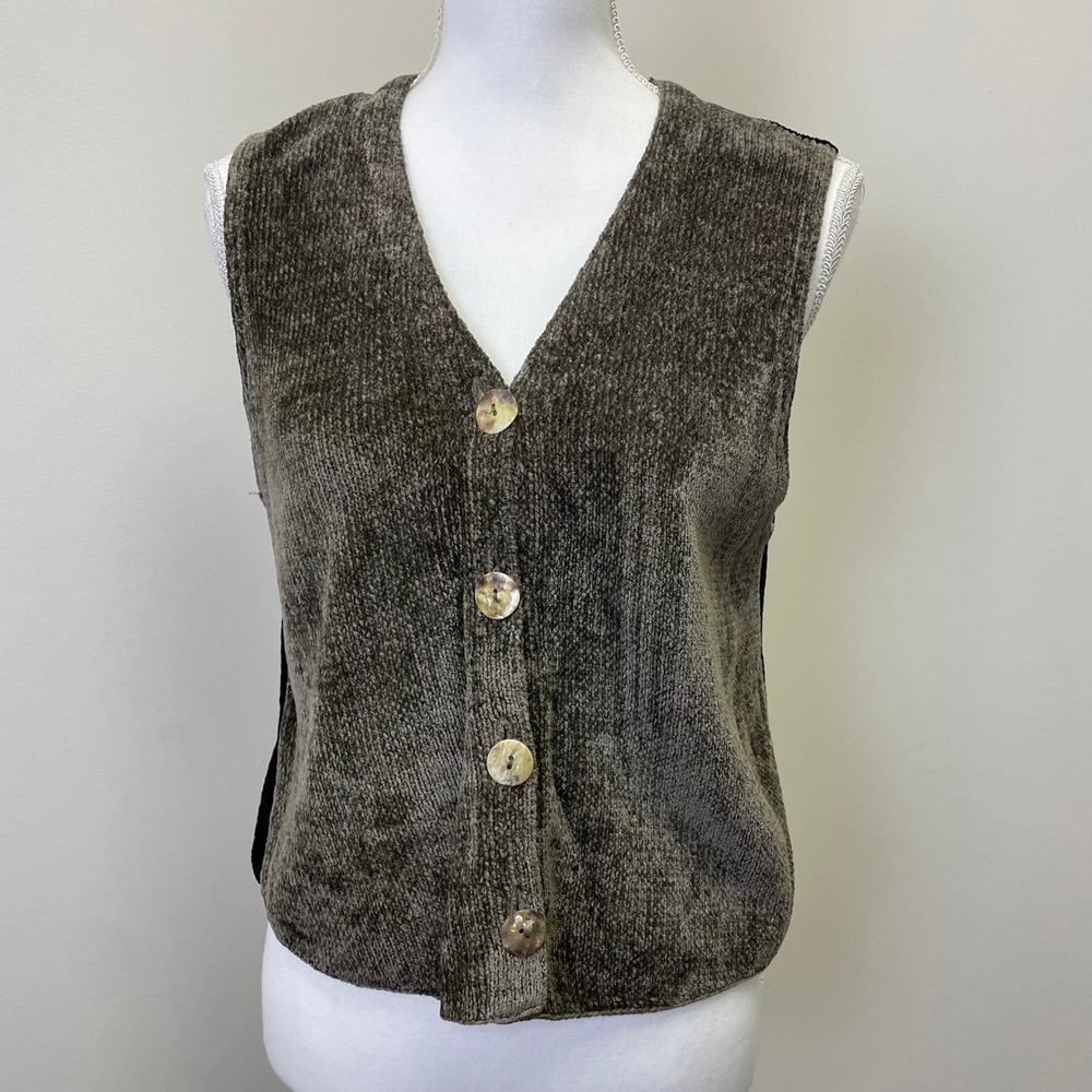 VTG Margaret O'Leary Vest Two Tone Olive Black S/M Button Front Tie Back